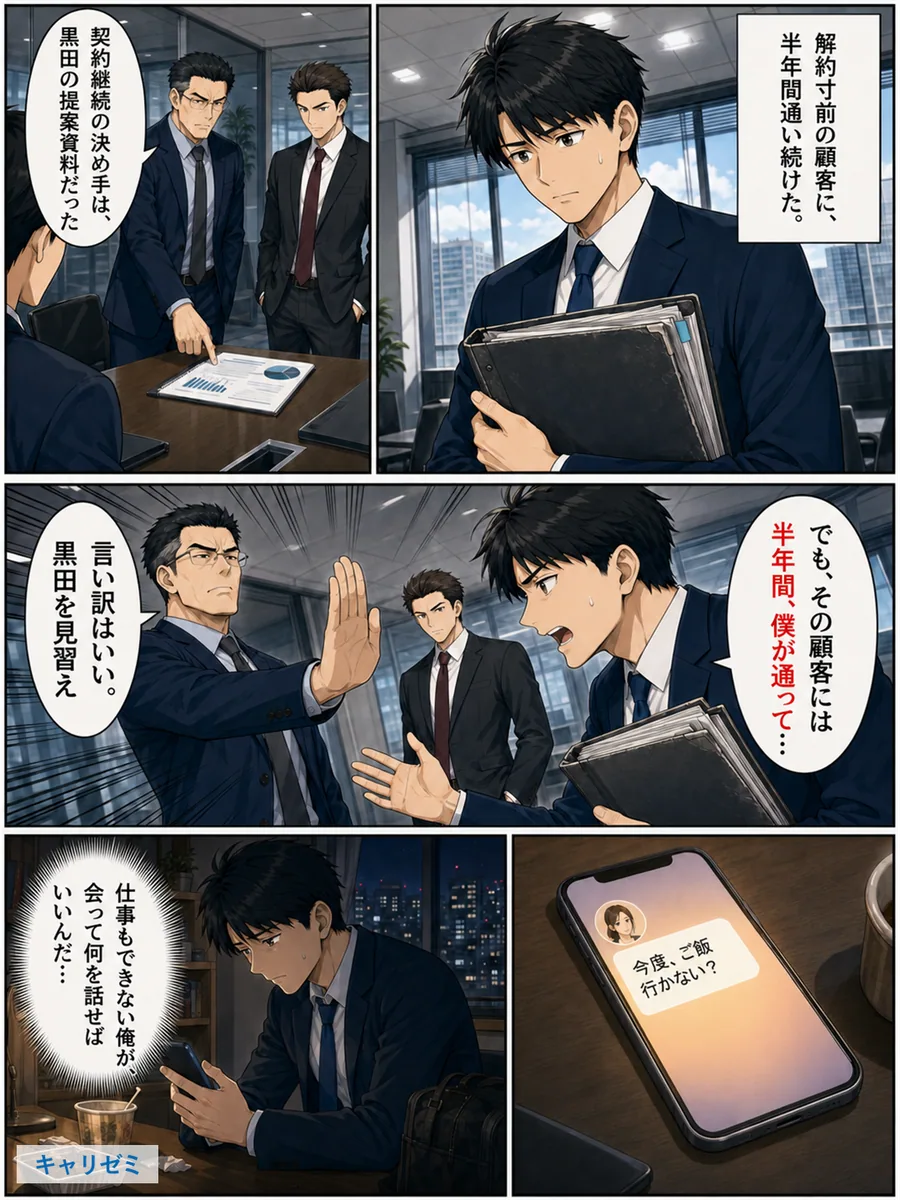 半年間顧客へ通った悠真ではなく、資料を整えた黒田だけが上司から評価され、美咲からの食事の誘いにも返信できず落ち込む