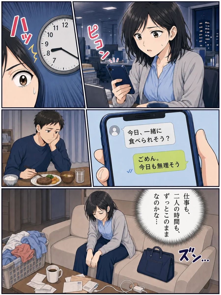 残業後、パートナーとの夕食を断る女性の漫画